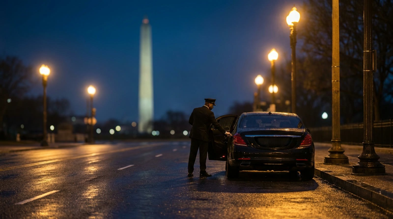 A uniformed chauffeur opening the door of a black sedan near the Washington Monument at night