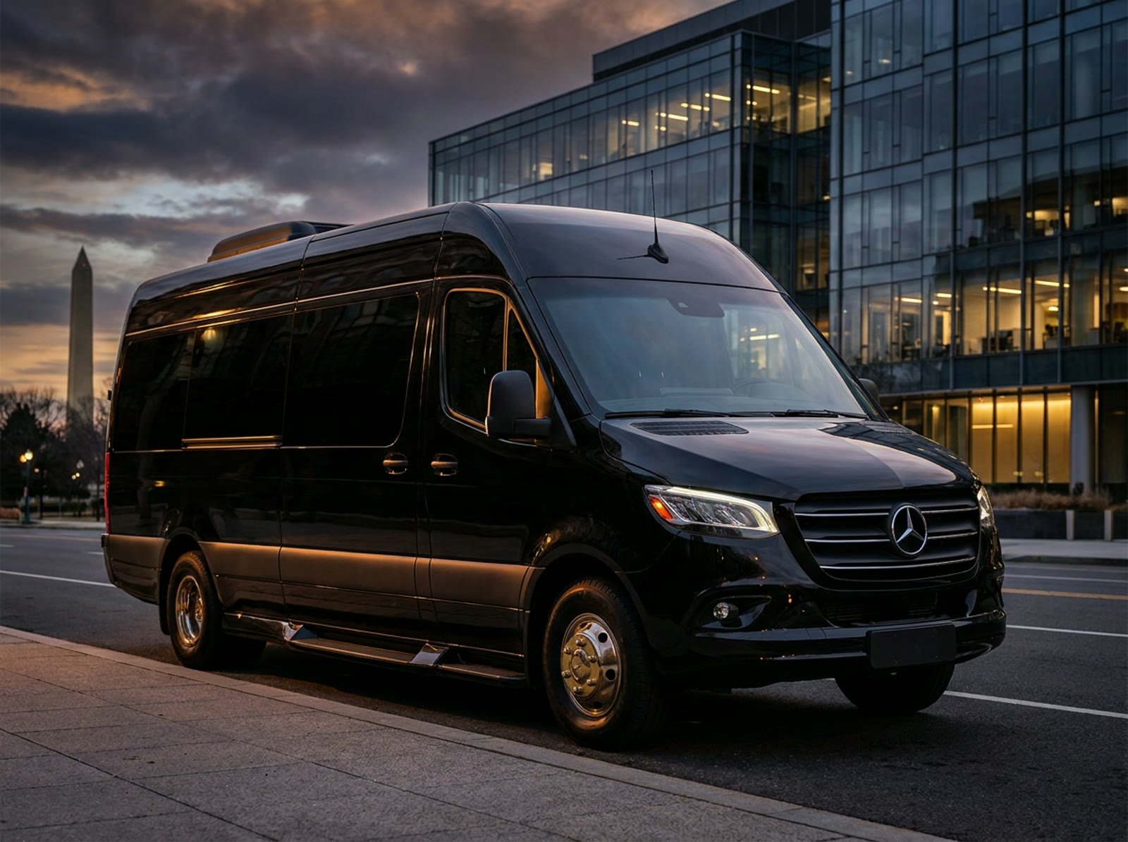 A black Mercedes Sprinter van staged outside a modern building at dusk
