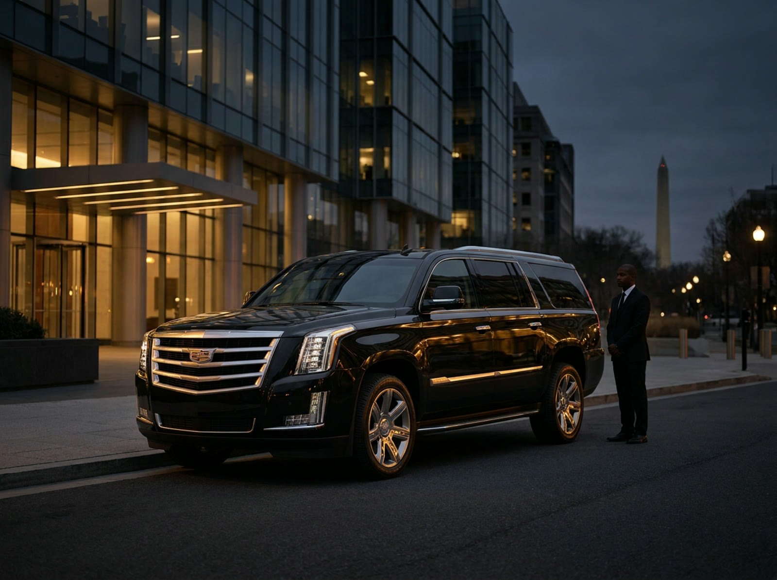A chauffeur waiting beside a Cadillac Escalade near the Washington Monument